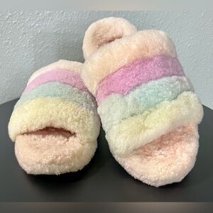 UGG Fluffy Pastel Fur Rainbow Slippers Slides Slip On Cozy Casual Warm Winter